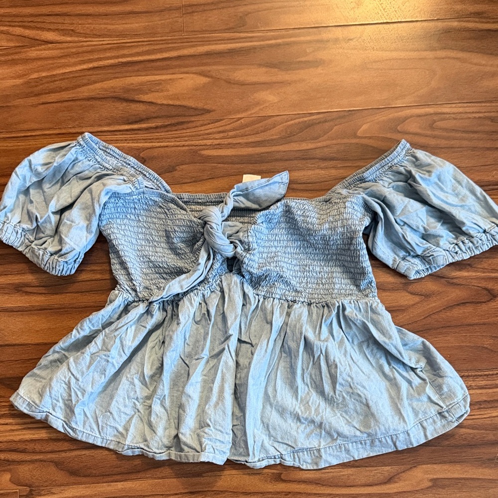 VENUS Light Blue Off-Shoulder Smocked Peplum Top